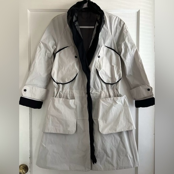 Bottega Veneta Beige Black Silk Lined Tech Anorak Parka Coat Jacket Size 38